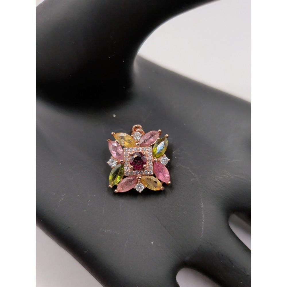 Square Natural Tourmaline Sterling‎ Silver Pendant with rose gold plating